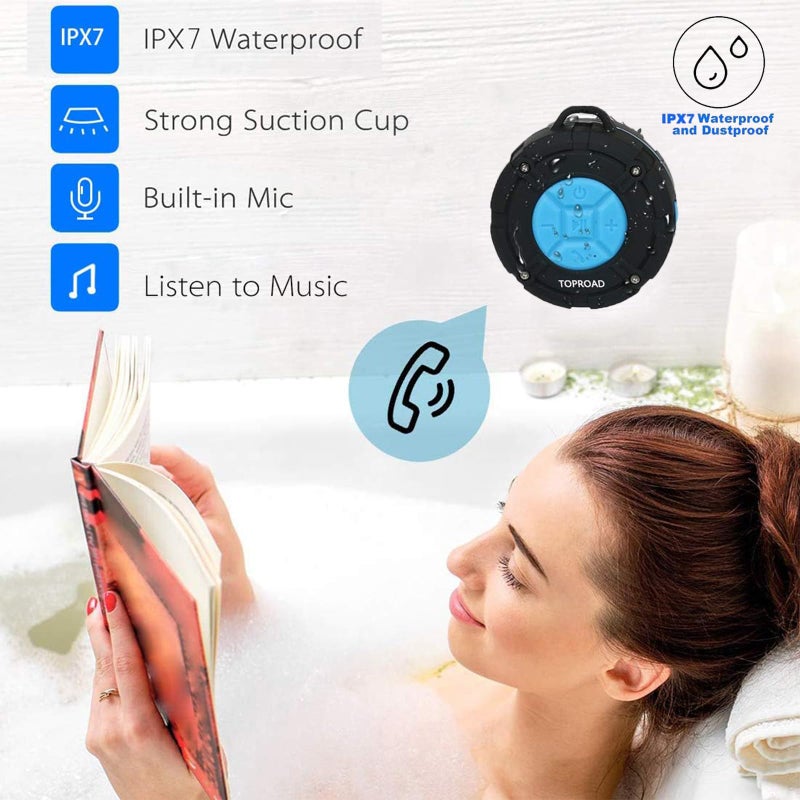 toproad Portable Shower Speaker, IPX7 Waterproof Wireless Outdoor Speaker with HD Sound, 2 Suction Cups, Built-in Mic, Hands-Free Speakerphone for Bathroom, Pool, Beach, Hiking, Bicycle - Image 4